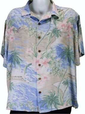 Caribbean Silk Blend Hawaiian Shirt Men’s 3XB Blue Tropical Floral Camp Collar